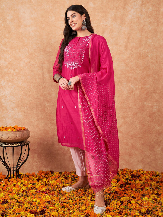 Indo Era Pink Embroidered Straight Kurta Trousers With Dupatta Set