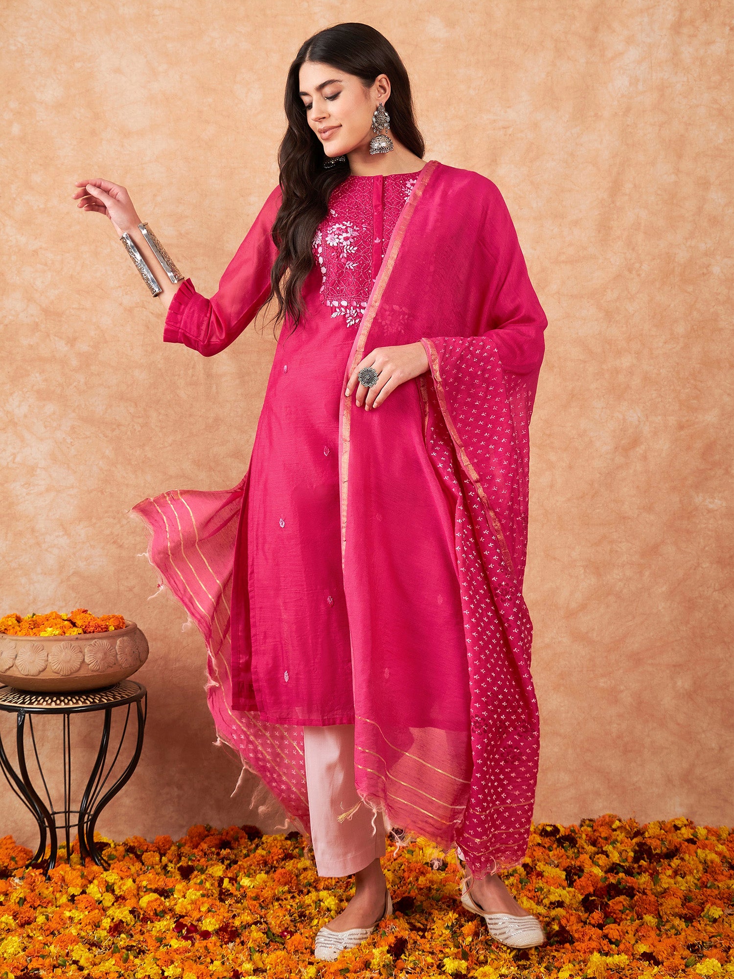 Pink Kurta Sets  For women,indo era, indoera, kurta set for women, women kurta set, women suit, summer wear for women, festive suit for women, mother's day outfit, dress for mother, mother's day special, kurta set for women, kurta for women, kurta trouser and dupatta