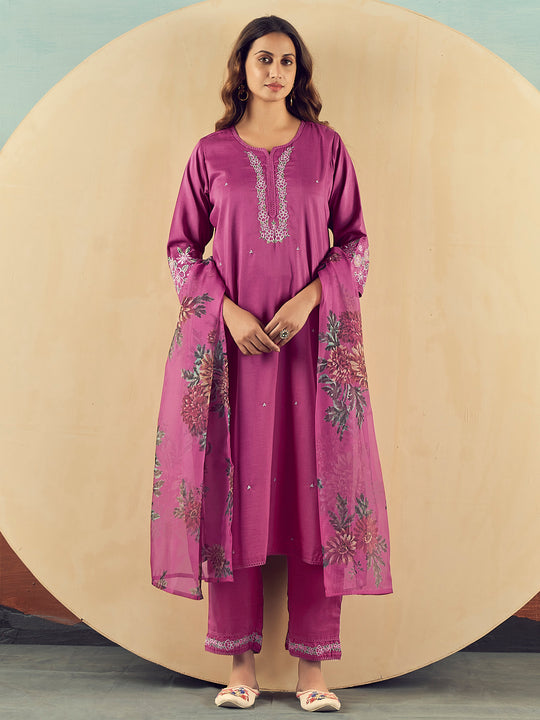 Pink Embroidered Straight Kurta Trousers With Dupatta