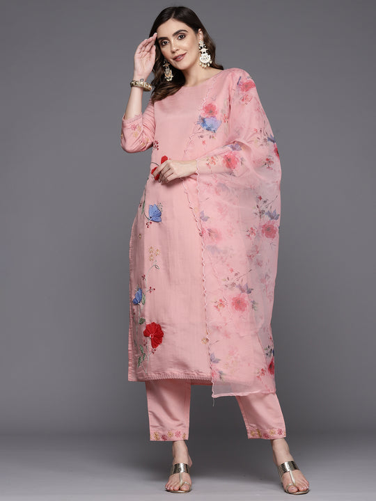 Indo Era Pink Embroidered Straight Kurta Trousers With Dupatta Set