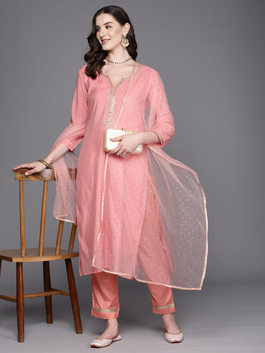 Pink Embroidered Straight Kurta Pant With Dupatta Set