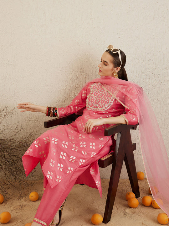 Indo Era Pink Embroidered Straight Kurta Trousers With Dupatta set