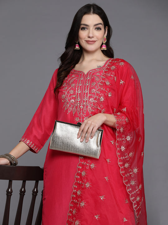 Indo Era Pink Embroidered Straight Kurta Trousers With Dupatta set