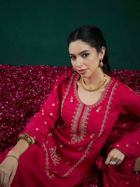 Indo Era Pink Embroidered Straight Kurta Trousers With Dupatta set