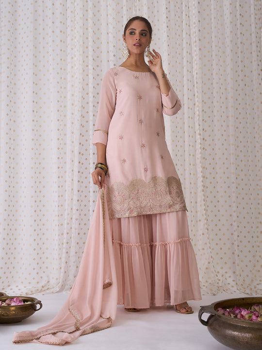 Indo Era Pink Embroidered Straight Kurta Sharara With Dupatta set