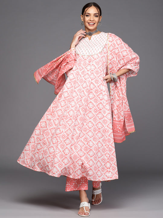 Indo Era Pink Embroidered A-line Kurta Trouser With Dupatta Set