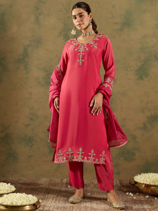 Indo Era Pink Embroidered Straight Kurta Trousers With Dupatta Set