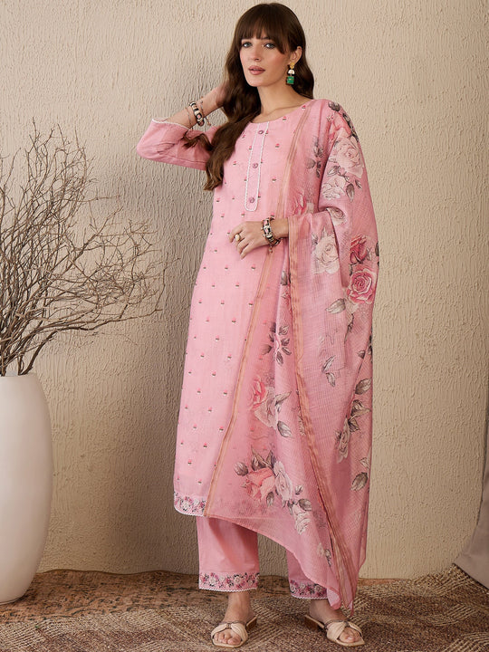 Indo Era Pink Embroidered Straight Kurta Trousers With Dupatta Set
