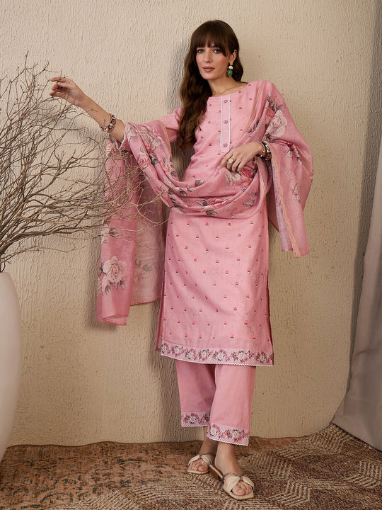 Indo Era Pink Embroidered Straight Kurta Trousers With Dupatta Set