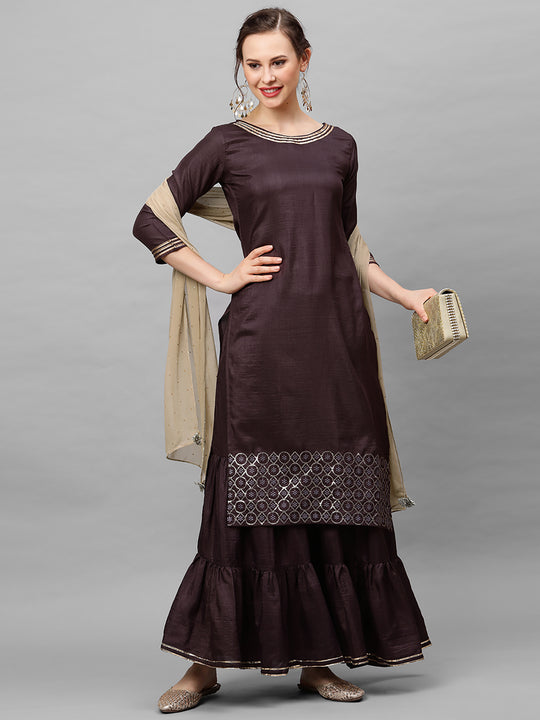 Indo Era Purple Embroidered Straight Kurta Sarara With Dupatta Set