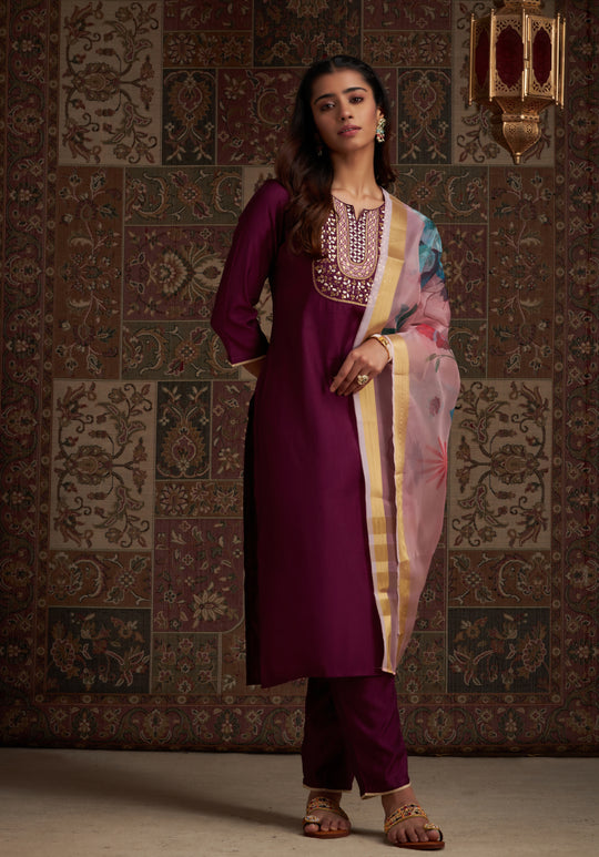 Indo Era Purple Embroidered Straight Kurta Trouser With Dupatta Set