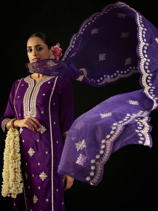 Indo Era Purple Embroidered Straight Kurta Trousers With Dupatta set
