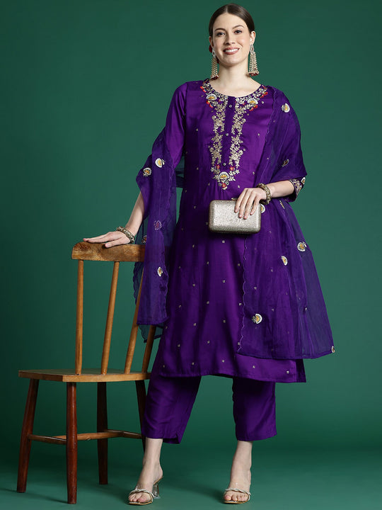 Indo Era Purple Embroidered Straight Kurta Trousers With Dupatta