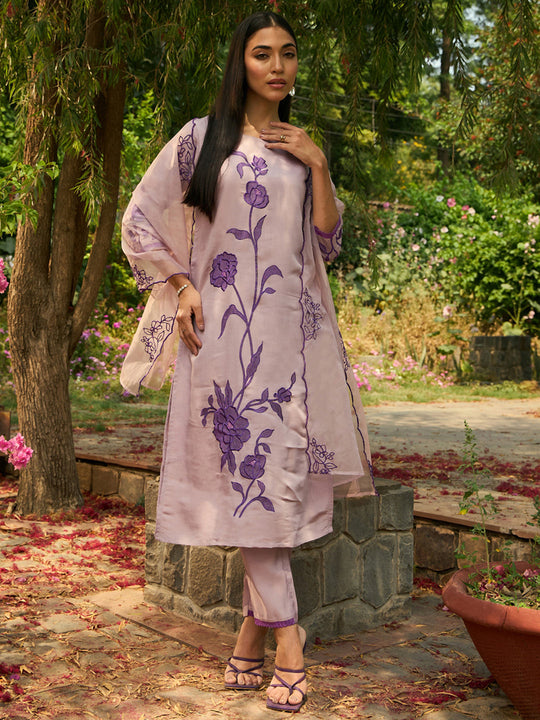 Indo Era Purple Embroidered Straight Kurta Trousers With Dupatta set