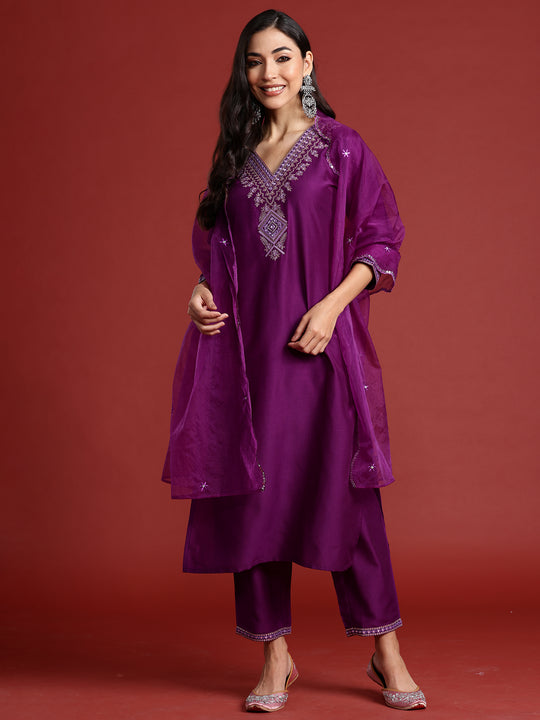 Indo Era Purple yoke design Kurta with Trousers with dupatta