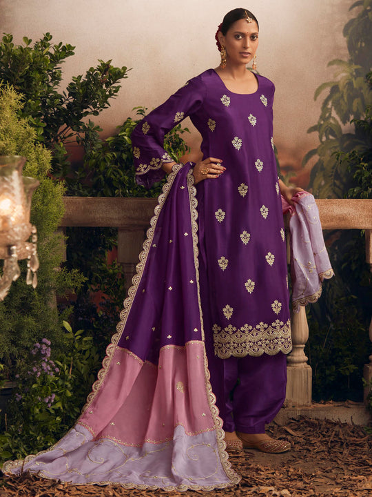 Indo Era Purple Straight Embroidered Kurta Trousers With Dupatta Set