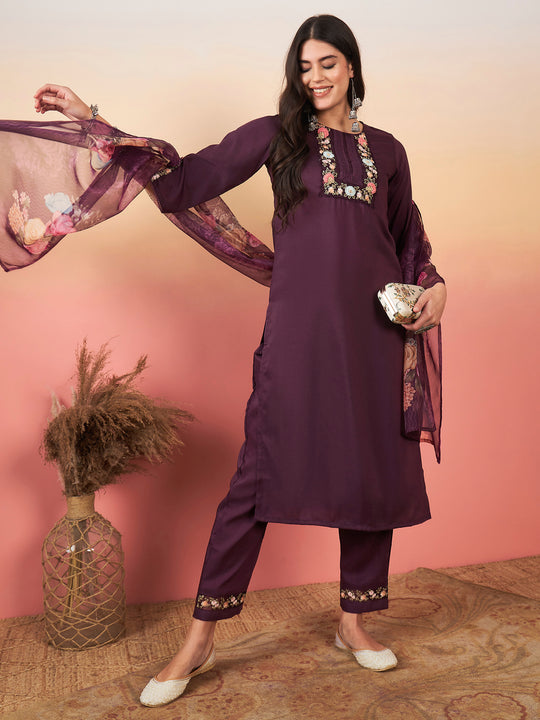 Indo Era Purple Floral Embroidered Regular Thread Work Kurta with Trousers & With Dupatta