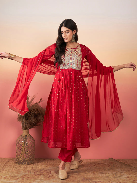 Indo Era Red Embroidered A Line Kurta Trousers With Dupatta Set