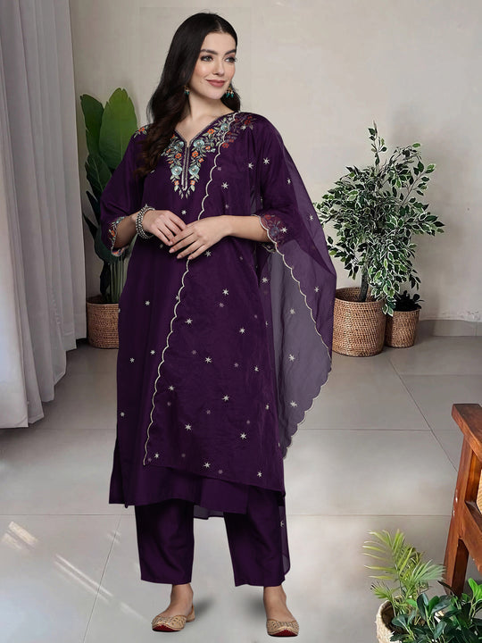 Indo Era Purple Embroidered Straight Kurta Trousers With Dupatta set