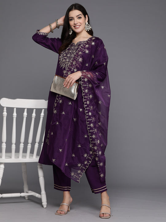 Indo Era Purple Embroidered Straight Kurta Trousers With Dupatta set