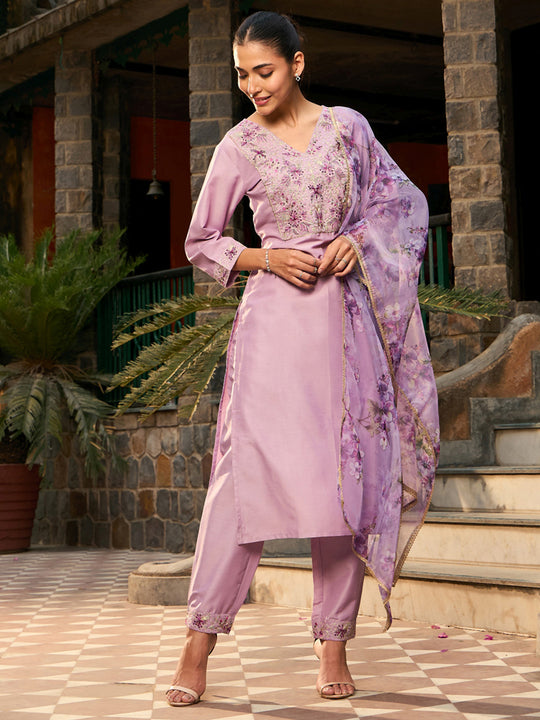 Indo Era Purple Embroidered Straight Kurta Trousers With Dupatta set