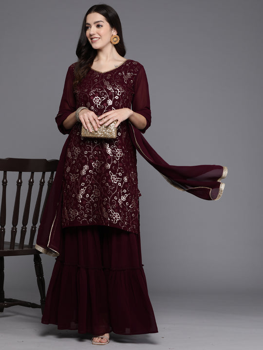 Indo Era Burgundy Embroidered Straight Kurta Sharara With Dupatta set