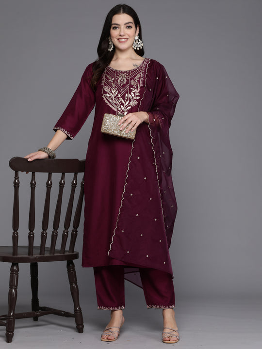 Indo Era Burgundy Embroidered Straight Kurta Trousers With Dupatta set