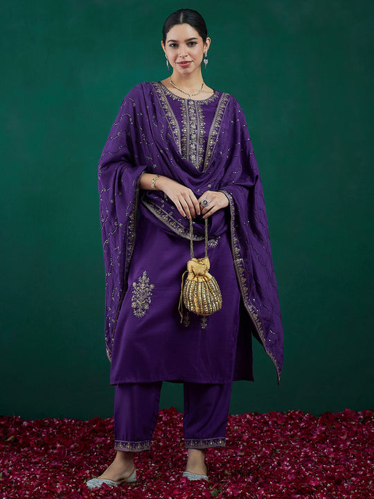 Indo Era Purple Embroidered Straight Kurta Trousers With Dupatta set