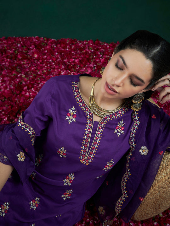 Indo Era Purple Embroidered Straight Kurta Trousers With Dupatta set