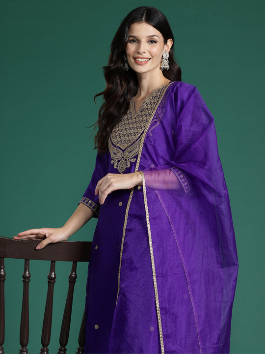 Indo Era Purple Embroidered Straight Kurta Trousers With Dupatta Set