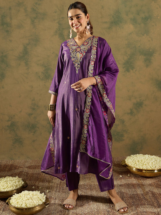 Indo Era Purple Embroidered Straight Kurta Trousers With Dupatta Set