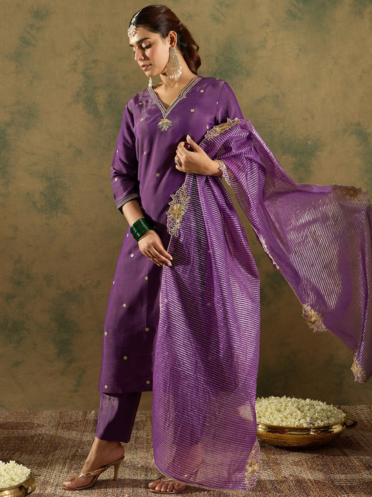 Indo Era Purple Embroidered Straight Kurta Trousers With Dupatta Set