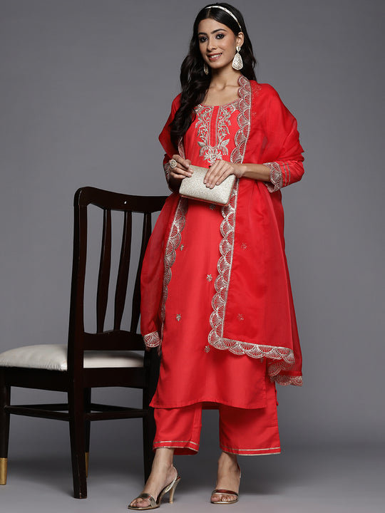 Indo Era Red Ethnic Motifs Embroidered Sequinned Liva Kurta with Palazzos & Dupatta