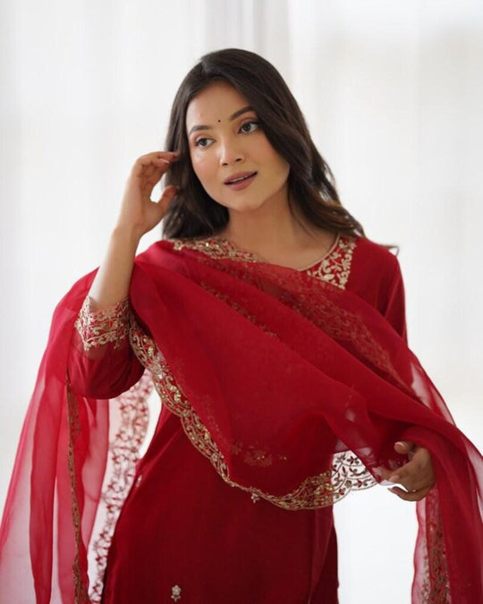 Red Embroidered Straight Suit Set With Dupatta