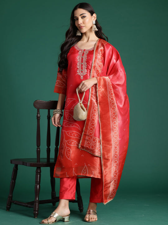 Indo Era Red Printed Straight Kurta Trousers With Dupatta Set