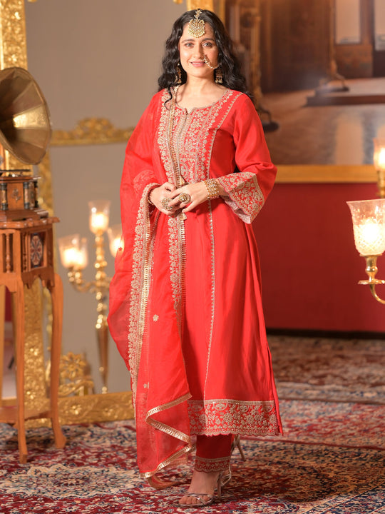 Red Embroidered A-Line Kurta Trousers With Dupatta