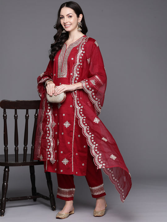 Indo Era Maroon embroidered Kurta with Trousers with dupatta