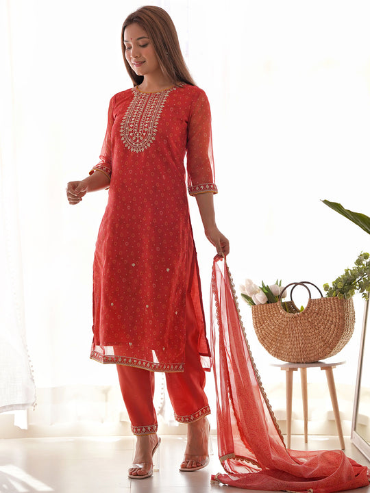 Indo Era Red printed Kurta with Trousers with dupatta