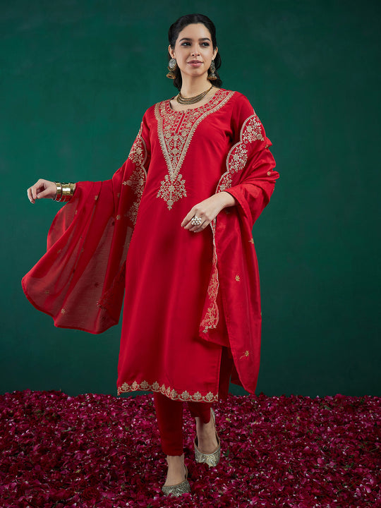 Indo Era Red Embroidered Straight Kurta Trousers With Dupatta set