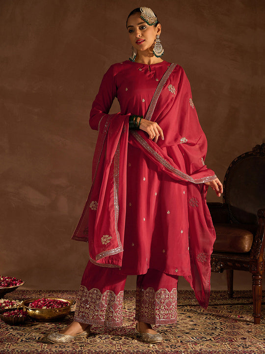 Indo Era Red Embroidered Straight Kurta Sharara With Dupatta set