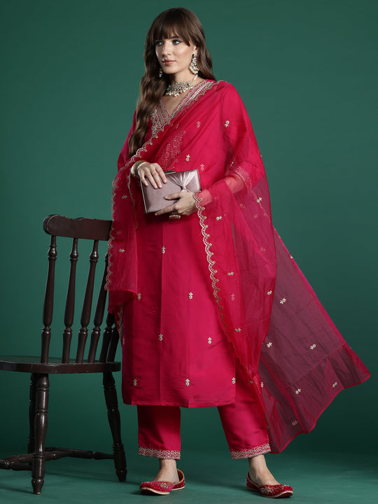 Indo Era Pink Embroidered Straight Kurta Trousers With Dupatta Set
