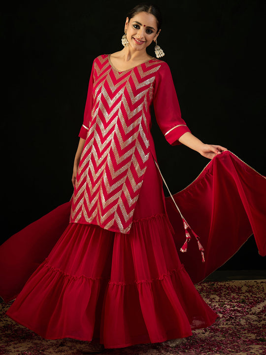 Indo Era Magenta Embroidered Straight Kurta Sharara With Dupatta set