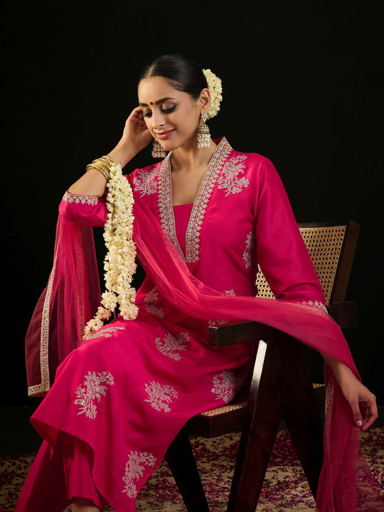 Indo Era Magenta Embroidered Straight Kurta Trousers With Dupatta set