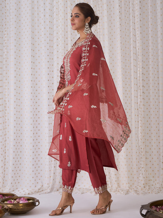 Rust Embroidered Straight Kurta Trousers With Dupatta