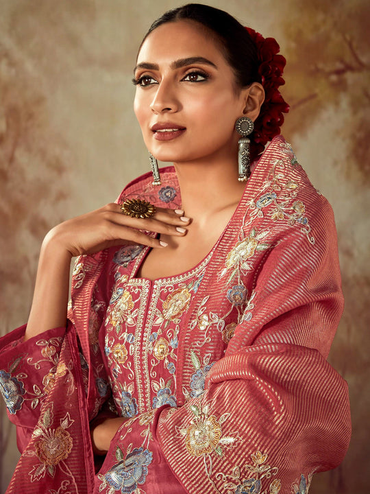 Indo Era Rust Embroidered Straight Kurta Trousers With Dupatta set