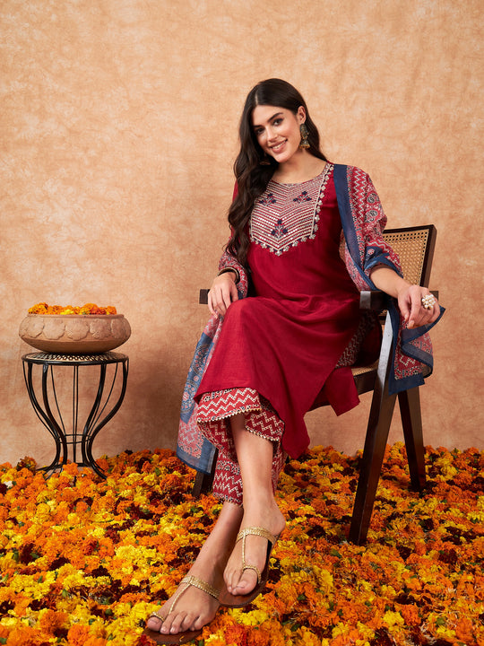 Indo Era Rust Embroidered Straight Kurta Palazzos With Dupatta Set