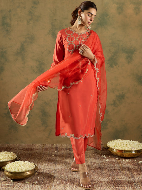 Indo Era Rust Embroidered Straight Kurta Trousers With Dupatta Set