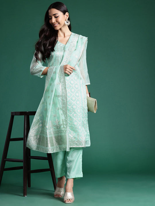 Indo Era Sea Green Woven Design Straight Kurta Trousers With Dupatta Set