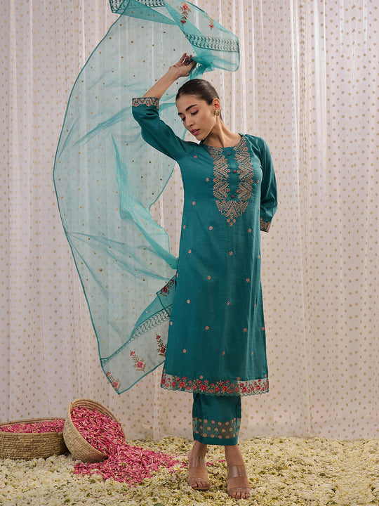 Indo Era Sea Green Embroidered Straight Kurta Trousers With Dupatta set