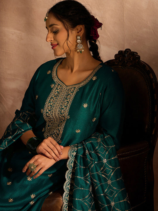Indo Era Sea Green Embroidered Straight Kurta Trousers With Dupatta set